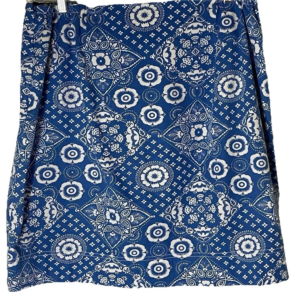 Talbots A-Line Skirt 14W Blue‎ White Bandana Floral Cotton Stretch Lined Knee